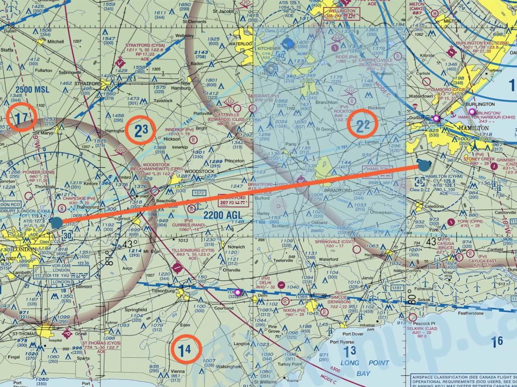 VNC chart with YHM to YXU plotted. MEF heights are circled.