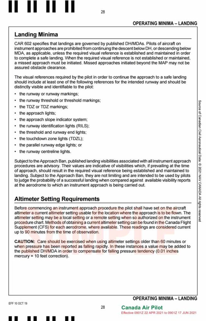 Landing Minima Visual Reference Requirements