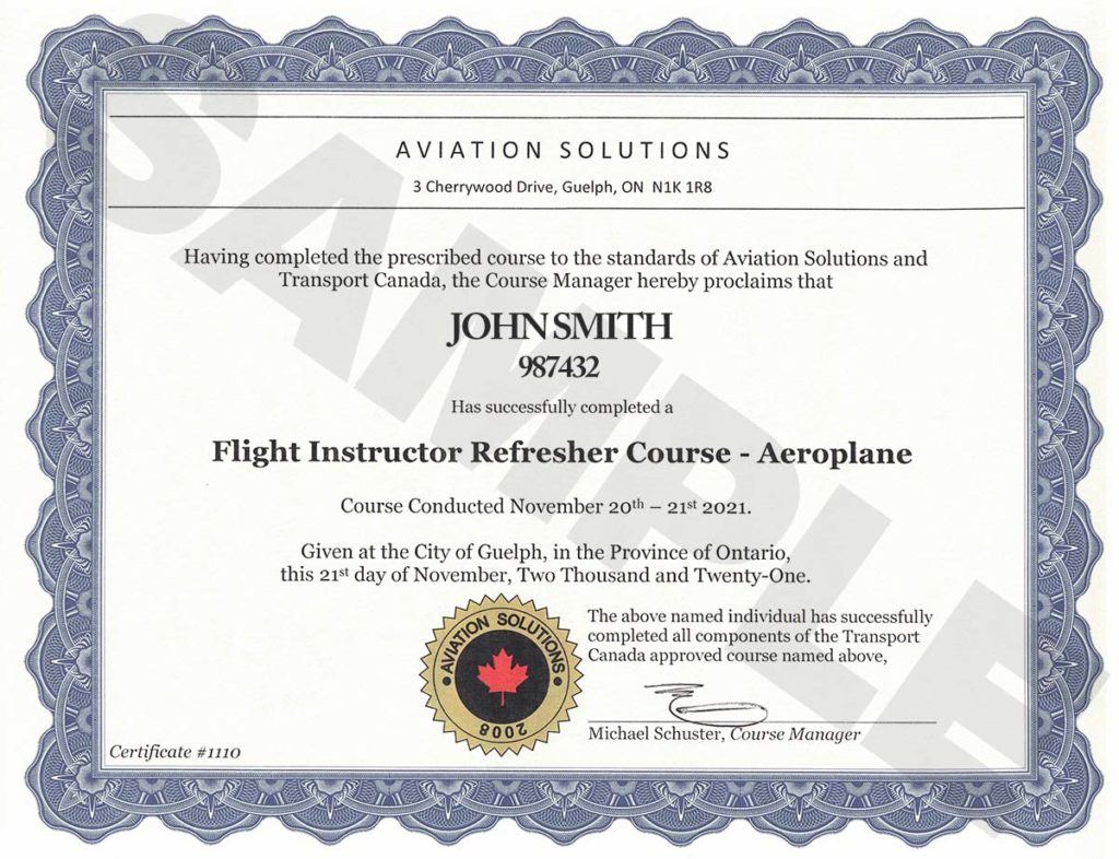 Aviation Solutions Flight Instructor Refresher Course Certificate Example